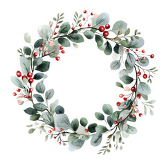 Wall Mural - watercolor christmas wreath with greenery and red berries on white background, soft beige palette