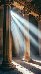 Wall Mural - Sunlight streaming through columns of an ancient structure creates serene and mystical atmosphere, highlighting intricate details of architecture