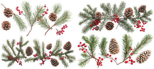 Wall Mural - christmas flat lay composition with pine branches, red berries, and pine cones on white background