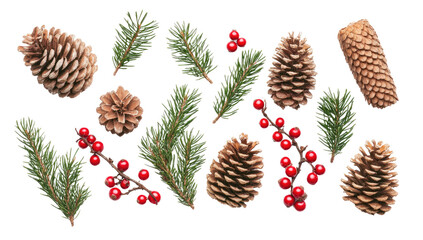 flat lay christmas composition with pine branches, red berries, and pine cones on white background f