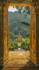 Wall Mural - A stunning view of golden gates of temple opening to reveal lush landscape, showcasing intricate designs and vibrant greenery. serene atmosphere invites tranquility and reflection