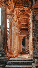 Wall Mural - ruins of grand Roman temple showcase intricately carved columns and stunning architecture, evoking sense of history and grandeur. warm light enhances beauty of ancient structure