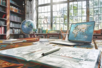 A cozy study featuring a globe, laptop, and maps, illuminated by natural light, perfect for educational or travel themes.