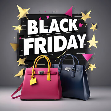 a digital advertisement for a Black Friday sale. It features two handbags, one in pink and one in blue