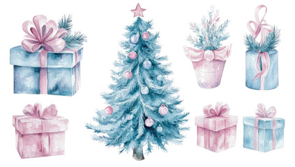 Wall Mural - watercolor christmas tree with gifts clip art set, pastel colors, isolated on white background