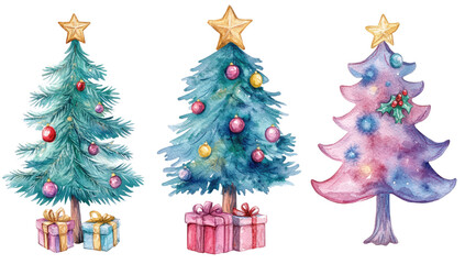 Wall Mural - watercolor christmas tree with gifts clip art set, pastel colors, isolated on white background