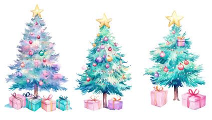 Wall Mural - watercolor christmas tree with gifts clip art set, pastel colors, isolated on white background