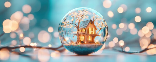 Poster - Miniature Treehouse in a Glass Globe with Fairy Lights.