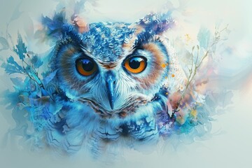 A blue and white owl with orange eyes surrounded by delicate blue flowers.