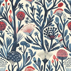 Wall Mural - Seamless pattern with blue and red flowers