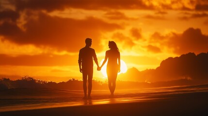 Silhouette of a young couple in love walking together at evening sunset, holding hands Romantic vacation or honeymoon in nature Husband, wife relationship Landscape summer horizon Woman and man dating