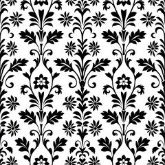 Wall Mural - Black and white floral pattern.