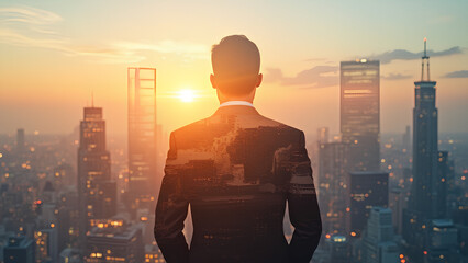 The double exposure image of the business man standing back during sunset overlay with cityscape image The concept of modern life, business city life and internet of things