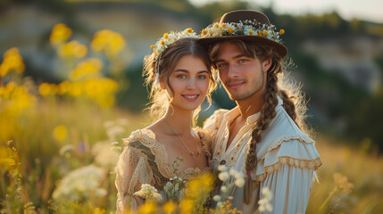 Portrait of Lovely Denmark Couple in Standing Together in Traditional Medieval Wedding Dress Outfits, Handcrafted Embroidery Wedding Dress, Standing Close Together in Outdoor Summer Grass Field at Sun