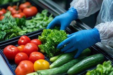 Fresh vegetables are carefully examined by gloved hands under a bright light, underscoring the principles of hygiene