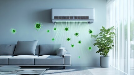 Poster - advanced air conditioner in a living room, symbolizing the removal of bacteria and clean, fresh airf