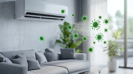 Poster - advanced air conditioner in a living room, symbolizing the removal of bacteria and clean, fresh airf