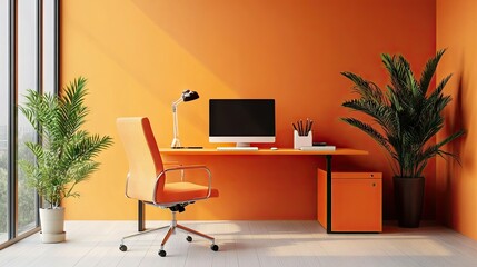 Poster - Bold orange office space with an orange desk, orange chair, and bright orange walls for a vibrant workspace.