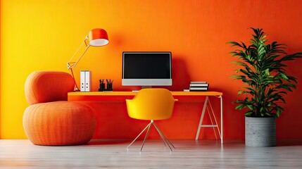 Poster - Bold orange office space with an orange desk, orange chair, and bright orange walls for a vibrant workspace.