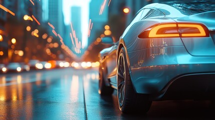 modern car in a city environment, electric lines of power extending up to the sky from the car