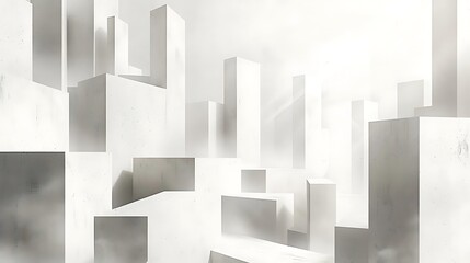 Wall Mural - A minimalist landscape featuring abstract white structures in fog.