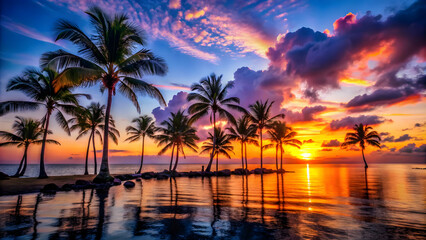 Peaceful tropical scene with palm trees and a colorful sunset.
Breathtaking sunset over a calm ocean with palm trees.