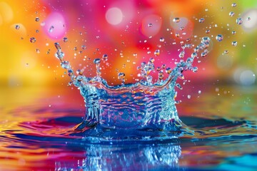 A single water drop creates a vibrant splash against a colorful, blurred background.