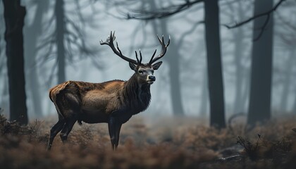 Wall Mural - Majestic stag amidst the enchanting mist of a tranquil forest