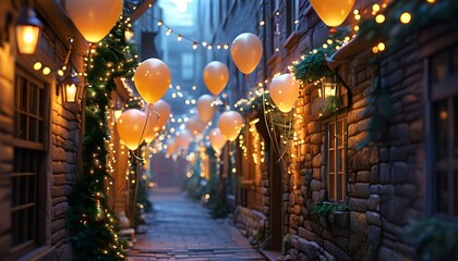 Enchanting alleyway adorned with colorful balloons and twinkling lights