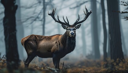 Wall Mural - Majestic stag amidst the enchanting mist of a tranquil forest