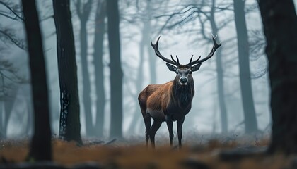 Sticker - Majestic stag amidst the enchanting mist of a tranquil forest