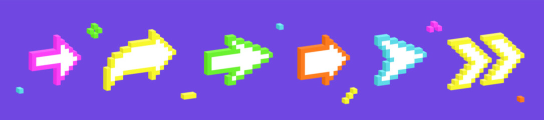 Fototapete - Set of 3d arrows in pixel art style. Vector illustration of 8 bit game assets.