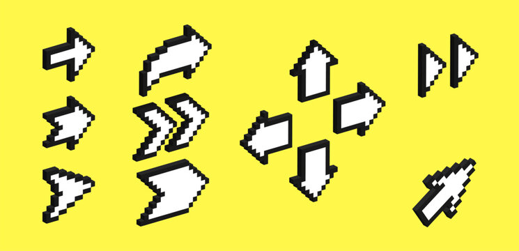 Set of 3d arrows in pixel art style. Vector illustration of 8 bit game assets.