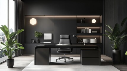 Contemporary black office space with a black desk, black chair, and black shelving.