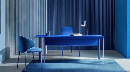 Poster - Contemporary blue office space with a blue desk, blue chair, and subtle blue accents.