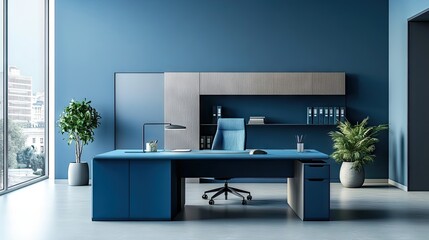 Poster - Contemporary blue office space with a blue desk, blue chair, and subtle blue accents.