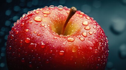 A close-up shot of an apple with droplets of water glistening on its skin, showcasing its fresh and juicy texture, set against a dark, textured background, to enhance the vibrant color of the apple,