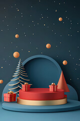 Canvas Print - A podium for merchandise presentation decorated by Christmas elements, background for e-commerce promotion