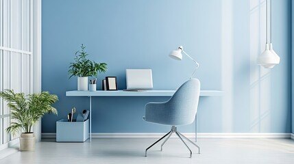 Contemporary light blue office space with a light blue desk, chair, and subtle decor accents.