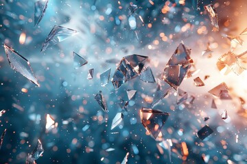 Abstract background with shattered glass fragments and bokeh lights in blue and orange tones. Photo for design, art and technology.