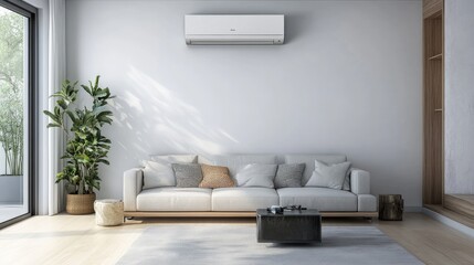 Poster - contemporary living room with a wall-mounted ac splitter for precise cooling across different zones.