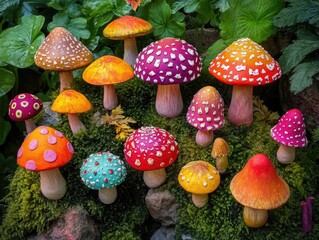 Poster - Colorful Mushrooms on Lush Green Field