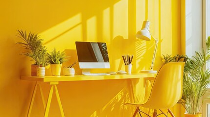 Poster - Contemporary yellow office space with a yellow desk, chair, and sunny decor.
