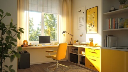 Poster - Contemporary yellow office space with a yellow desk, chair, and sunny decor.