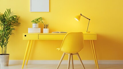 Poster - Contemporary yellow office space with a yellow desk, chair, and sunny decor.