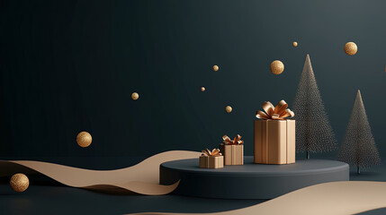 A podium for merchandise presentation decorated by Christmas elements, background for e-commerce promotion