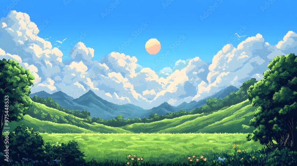 Vibrant pixel art landscape with rolling green hills, a bright blue sky ...