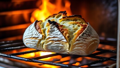 Golden brown loaf of freshly baked bread cooling on a wire rack in the oven, showcasing its crispy crust and inviting aroma.