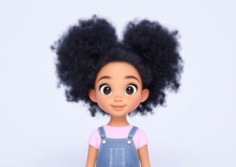 A playful yearold girl with curly hair and a sunny smile, dressed in cute overalls and a pink top.