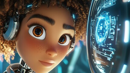 An Arab girl with curly hair and brown eyes thrives in the world of programming and robotics through vibrant 3D animation.